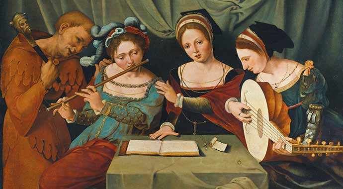 Three medieval women making music and a jester - WestmountMag.ca