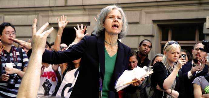 Jill Stein speaking at the Occupy Wall Street S17 demonstration on Bowling Green, Lower Manhattan, New York - WestmountMag.ca