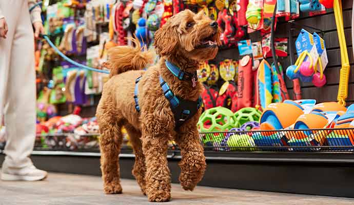 Chien emballé prèet pour le déménagement