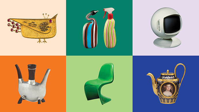 De haut en bas et de gauche à droite : Walter Schluep (1931-2016), broche, 1964. MBAM, don de Nina Bruck. Photo MBAM, Christine Guest | Maria Grazia Rosin (née en 1958), bouteille Detergens Spray et bouteille Detergens WC, 2000, fabriquée par Vittorio Ferro, Murano. MBAM, collection Liliane et David M. Stewart. © Maria Grazia Rosin, par SIAE / CARCC Ottawa 2025. Photo MBAM, Christine Guest | Arthur D. Bracegirdle, téléviseur Keraclonic Sphere, 1969, éditée par Group Systems (Keracolor) Ltd., Northwich (Angleterre). MBAM, collection Liliane et David M. Stewart, don de Nannette et Eric Brill. Photo MBAM | Michael Massie (1962-), théière Chicoutés, airelles et thé, 2021. MBAM, achat, fonds de la famille T. R. Meighen. Photo MBAM, Jean-François Brière | Verner Panton (1926-1998), chaise (modèle PA 100), 1960-1967 (exemplaire de 1974), éditée par Vitra, Weil am Rhein (Allemagne), pour Herman Miller International, Zeeland (Michigan). MBAM, collection Liliane et David M. Stewart, don de Luc d'Iberville Moreau. Photo MBAM, Jean-François Brière | Manufacture de Sèvres (fondée en 1756), décor peint par Jean Georget (1763-1823), cabaret (service à déjeuner) dit des « Femmes célèbres » (théière), vers 1814. MBAM, achat, legs Suzanne Caouette. Photo MBAM, Jean-François Brière